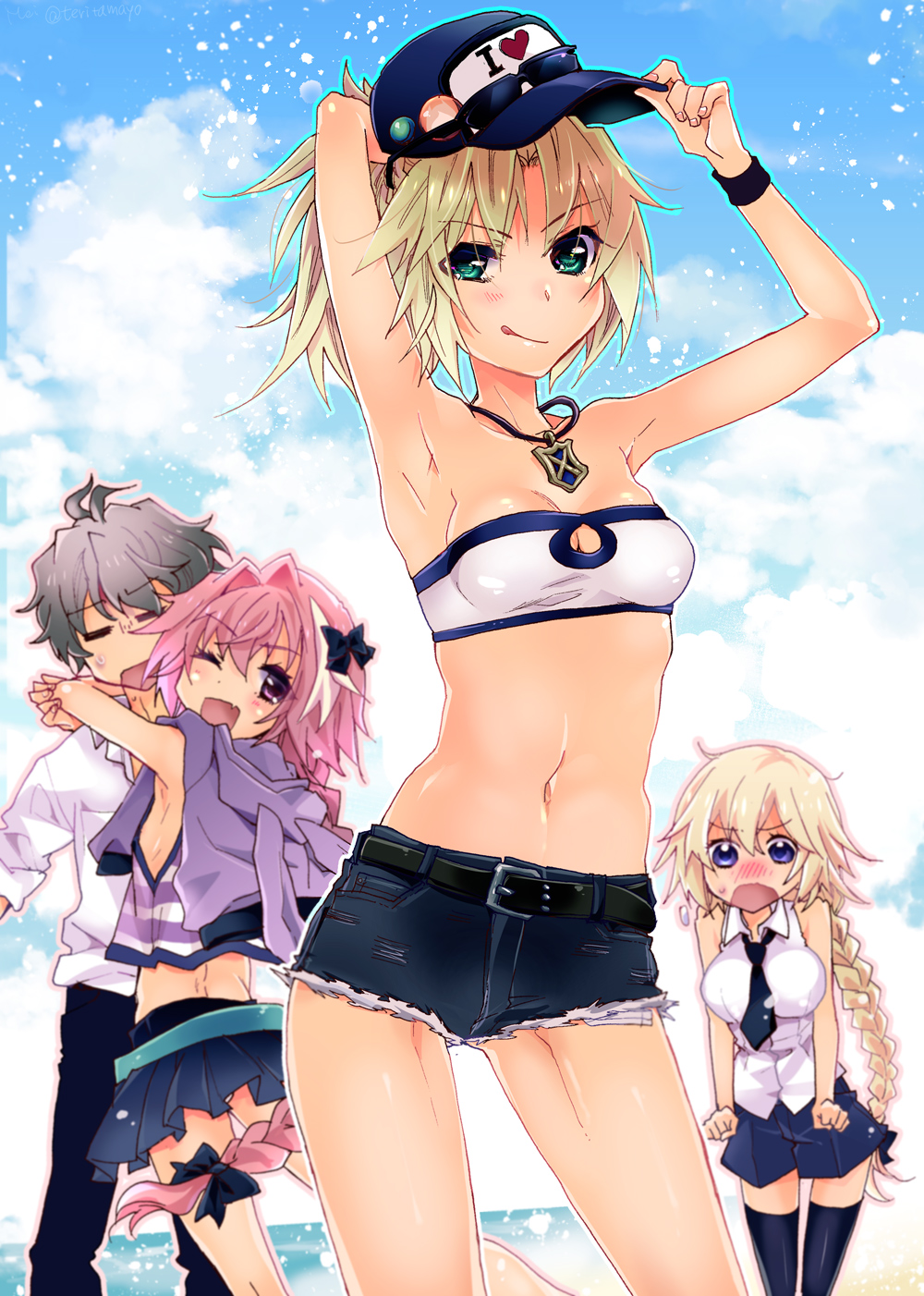 2girls :q ;d androgynous armpits arms_up astolfo_(fate) belt black_bow black_legwear black_neckwear black_pants black_ribbon black_shorts blonde_hair blue_eyes blue_hat blue_skirt blush bow bra braid breasts cleavage cleavage_cutout closed_eyes cloud cloudy_sky collarbone commentary_request crossdressing day denim denim_shorts eyebrows_visible_through_hair fate/apocrypha fate_(series) floating_hair green_eyes grey_hair hair_between_eyes hair_bow hair_ribbon hat heart highres holding hug jeanne_d'arc_(fate) jeanne_d'arc_(fate)_(all) jewelry large_breasts leaning_forward long_hair looking_at_viewer medium_breasts mei_(abliss) midriff miniskirt mordred_(fate) mordred_(fate)_(all) multiple_boys multiple_girls navel necklace necktie one_eye_closed open_mouth otoko_no_ko outdoors pants pleated_skirt ponytail purple_eyes ribbon shiny shiny_clothes shirt short_shorts shorts sieg_(fate/apocrypha) single_braid skirt sky sleeveless sleeveless_shirt smile standing stomach strapless strapless_bra striped striped_shirt thighhighs tongue tongue_out underwear white_bra white_shirt wrist_cuffs zettai_ryouiki