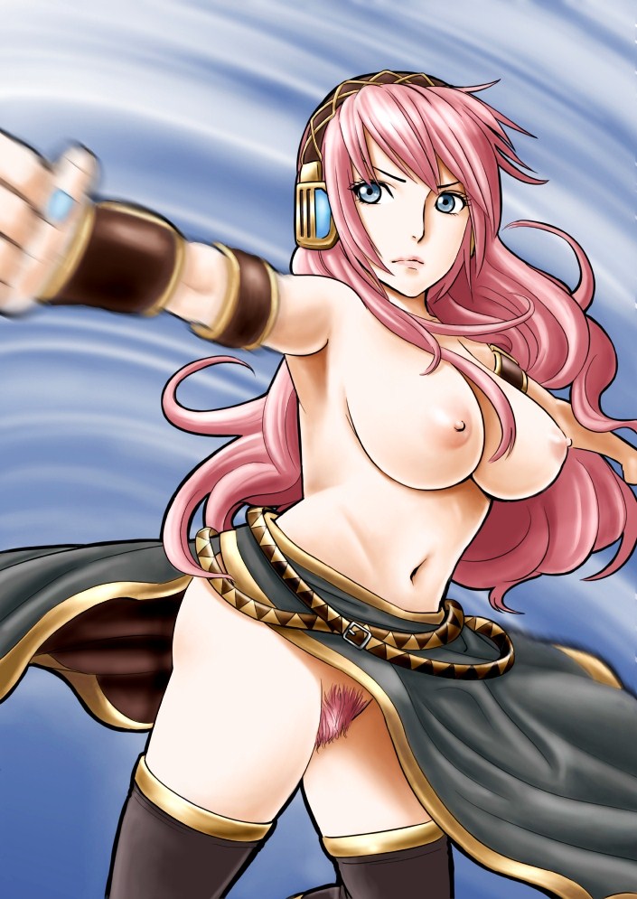 bad_id bad_pixiv_id blue_eyes breasts colored_pubic_hair double_lariat_(vocaloid) large_breasts lariat long_hair megurine_luka nipples pink_hair pubic_hair punching skirt skirt_lift solo spinning thighhighs topless vocaloid yamakumo