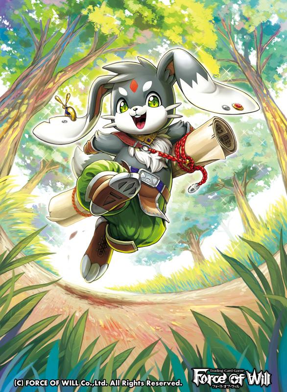 boots bunny_ears bunny_tail copyright_name earrings facial_mark force_of_will forehead_mark grass green_eyes jewelry necklace official_art open_mouth sakuma_sanosuke scroll solo sparkle tail teeth tree