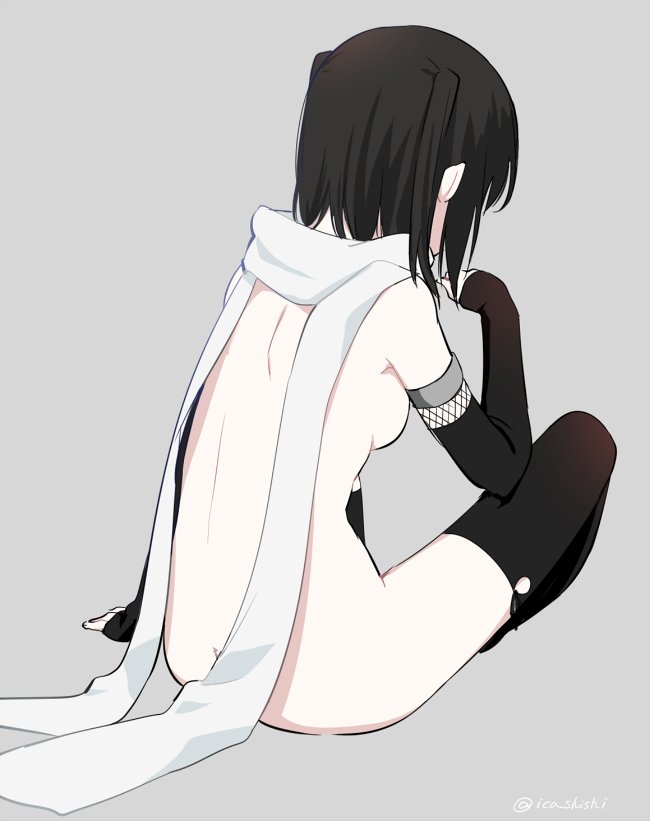 arm_at_side back black_gloves black_hair black_legwear breasts butt_crack elbow_gloves facing_away from_behind full_body gloves grey_background hand_up ica kantai_collection medium_breasts naked_scarf nude scarf sendai_(kantai_collection) short_hair sideboob simple_background sitting sketch solo thighhighs twitter_username two_side_up white_scarf