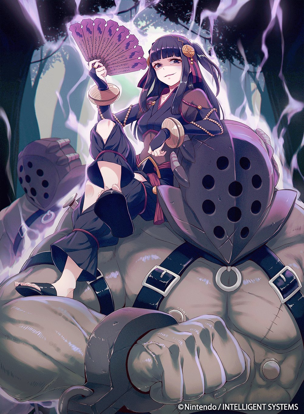 1girl 40hara bangs black_hair breasts crossed_legs fire_emblem fire_emblem_cipher fire_emblem_if hairband highres jewelry long_hair looking_at_viewer medium_breasts official_art purple_eyes smile solo_focus syalla_(fire_emblem_if) two_side_up