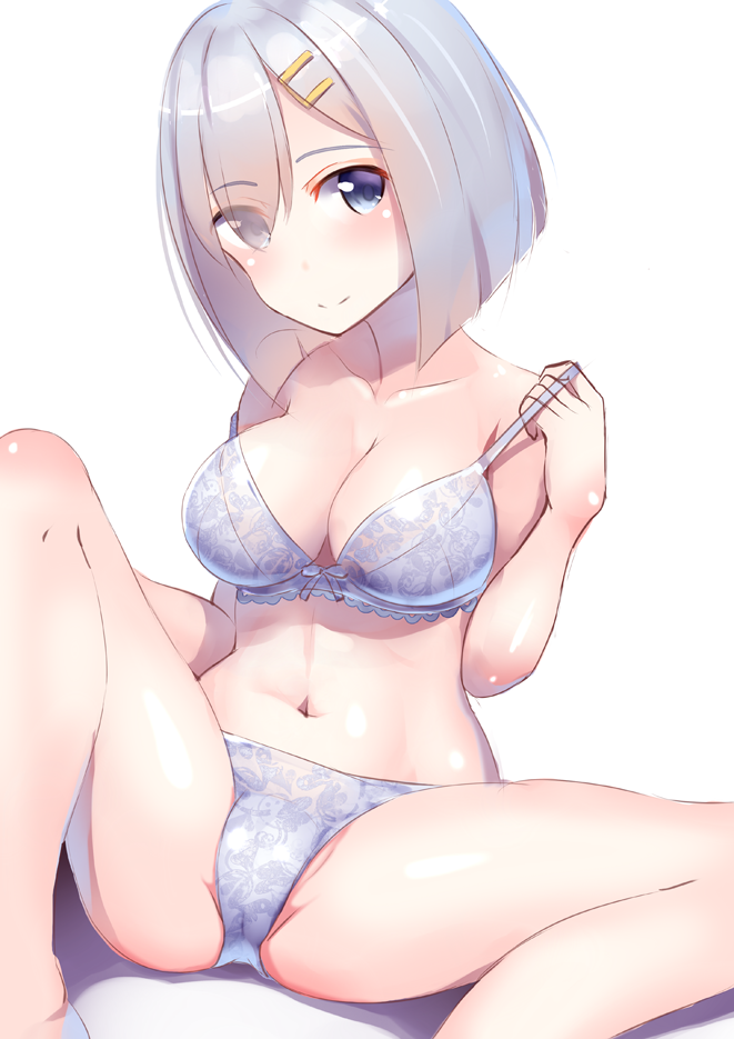blue_eyes blush bra breasts cleavage eyes_visible_through_hair hair_ornament hair_over_one_eye hairclip hamakaze_(kantai_collection) henet_hene kantai_collection lace lace-trimmed_bra large_breasts looking_at_viewer navel panties short_hair silver_hair smile solo spread_legs underwear undressing white_background