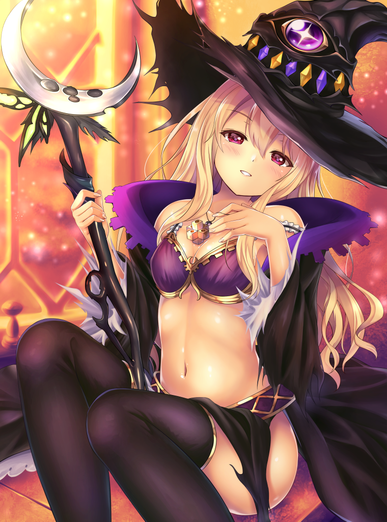 bare_shoulders black_cape black_legwear blonde_hair blurry breast_suppress breasts cape collarbone commentary_request crescent depth_of_field dorothy_(shingeki_no_bahamut) eyebrows_visible_through_hair hair_between_eyes hat head_tilt holding holding_staff jewelry long_hair looking_at_viewer navel necklace parted_lips purple_eyes shadowverse shingeki_no_bahamut sitting small_breasts solo sparkle staff strap_slip thighhighs window witch witch_hat yuririn_poi
