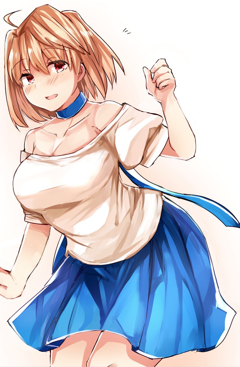 ahoge arcueid_brunestud bangs bare_shoulders blue_choker blue_skirt blush breasts brown_hair choker cleavage collarbone commentary_request eyebrows_visible_through_hair hair_between_eyes hand_up large_breasts looking_at_viewer parted_lips pleated_skirt red_eyes sabujiroko shirt short_hair short_sleeves simple_background skirt solo standing tsukihime white_background white_shirt