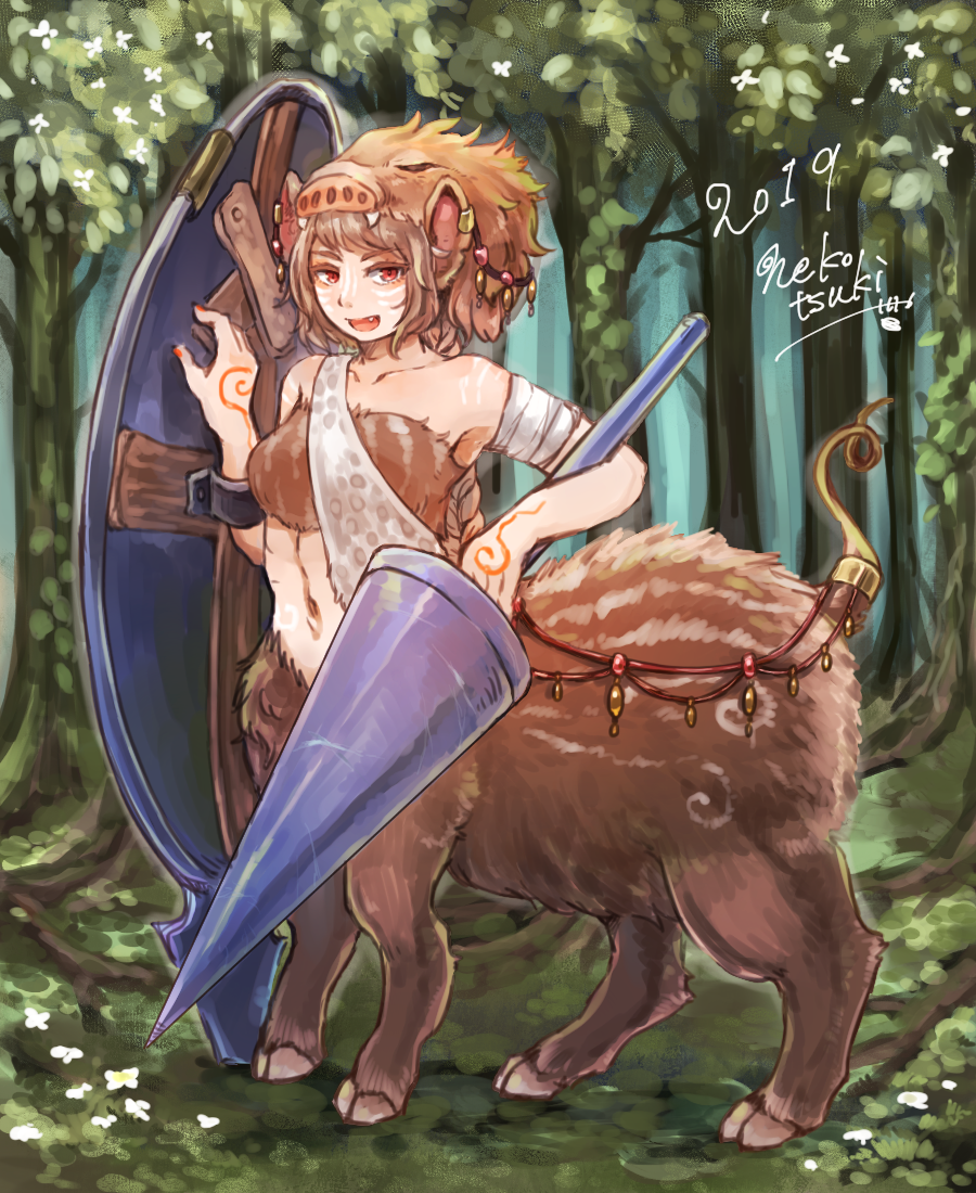 2019 boar boar_taur breasts brown_fur brown_hair eyelashes fangs female forest fur hair hooves lance mammal navel nekotsuki_th open_mouth outside porcine red_eyes shield signature solo standing taur tree
