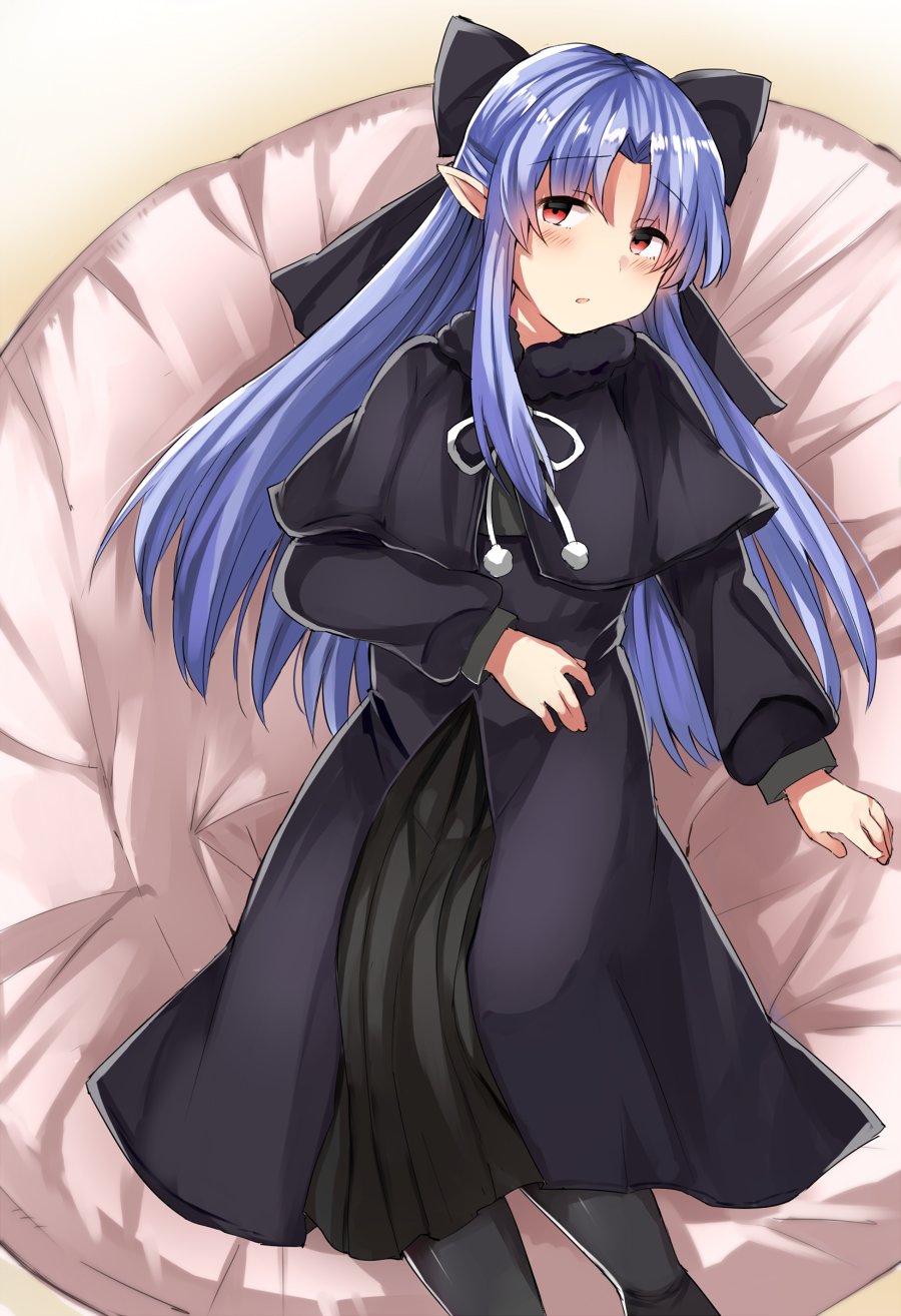 black_capelet black_dress black_legwear black_ribbon blue_hair blush capelet commentary_request dress eyebrows_visible_through_hair feet_out_of_frame from_above fur_trim hair_ribbon highres len long_dress long_hair long_sleeves looking_at_viewer lying melty_blood on_back pantyhose parted_lips pom_pom_(clothes) red_eyes ribbon sabujiroko solo tsukihime