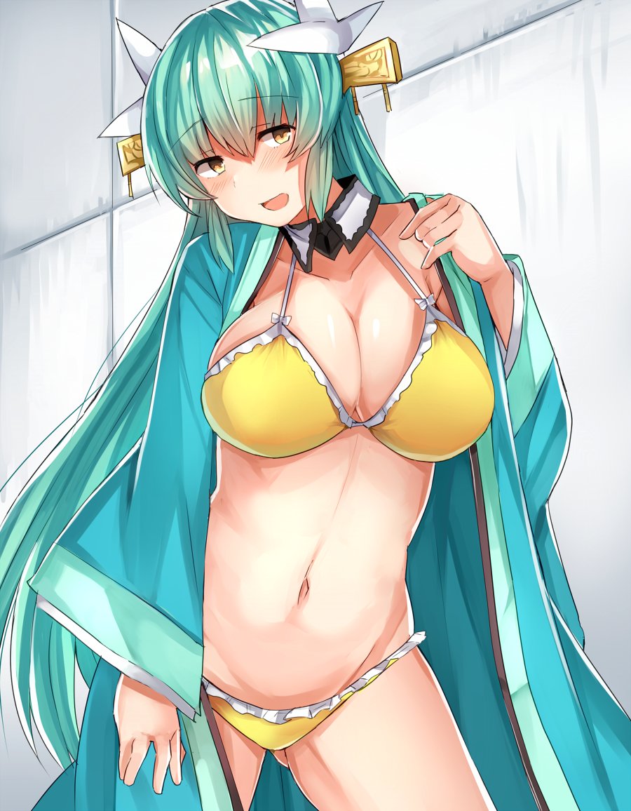 :d aqua_hair ass_visible_through_thighs bangs bikini blush breasts coat commentary_request contrapposto cowboy_shot detached_collar eyebrows_visible_through_hair fate/grand_order fate_(series) hair_between_eyes hair_ornament horns kiyohime_(fate/grand_order) large_breasts long_hair long_sleeves looking_at_viewer navel open_mouth sabujiroko smile solo standing swimsuit very_long_hair wide_sleeves yellow_bikini yellow_eyes