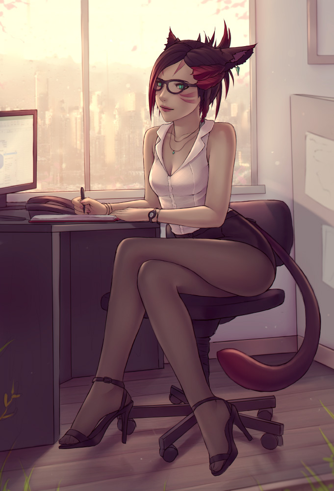 1girl animal_ears black_footwear black_legwear bracelet braid breasts cat_ears cat_tail cityscape cleavage closed_mouth dark_skin day earrings facial_mark final_fantasy final_fantasy_xiv glasses green_eyes high_heels holding holding_pen indoors jewelry legs_crossed lips looking_at_viewer marie_makise medium_breasts miqo'te miqo'te monitor multicolored_hair necklace pantyhose pen pencil_skirt shirt short_hair sitting skirt sleeveless sleeveless_shirt slit_pupils smile solo soranamae tail two-tone_hair watch white_shirt window wristwatch