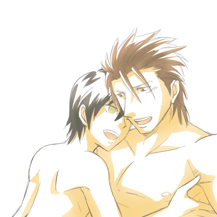 2boys age_difference alvin_(tales) bara bare_arms bare_shoulders black_hair brown_hair couple gay holding_close hug human jude_mathis kayu_(ichigogayu) leaning_back leaning_forward looking_at_another male_focus multiple_boys muscle nipples nude open_mouth smile tales_of_(series) tales_of_xillia tales_of_xillia_2 wink yaoi yellow_eyes