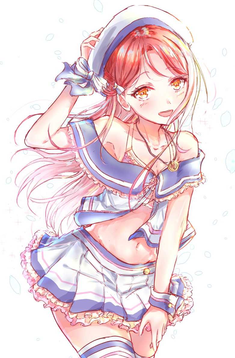 493water :d adjusting_clothes adjusting_hat blush brown_hair frilled_skirt frills hat jewelry long_hair looking_at_viewer love_live! love_live!_sunshine!! navel necklace open_mouth sailor_hat sakurauchi_riko skirt smile standing striped striped_legwear thighhighs white_hat wrist_cuffs