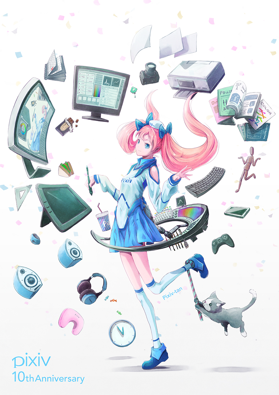 animal bad_proportions blue_bow blue_eyes blue_footwear blue_skirt bow camera candy candy_cane cat cellphone character_name chocolate_bar clock color_wheel controller copyright_name cup drinking_straw food full_body game_controller hair_bow headphones headphones_removed highres keyboard keyboard_(computer) looking_at_viewer monitor mouse_(computer) neck_pillow original paper phone pink_hair pixiv pixiv-tan printer ruler sandwich satyuas shoes skirt smartphone speaker standing straightedge stylus table twintails white_hair white_legwear