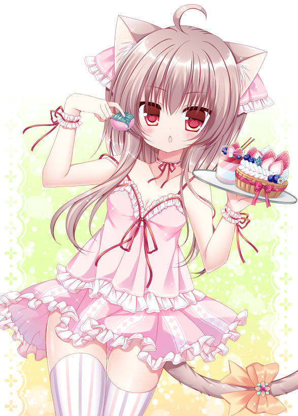 :o ahoge animal_ears arm_up babydoll blueberry blush bow brown_hair cat_ears cat_girl cat_tail choker commentary_request dutch_angle eyebrows_visible_through_hair food frilled_babydoll frilled_choker frilled_skirt frills fruit hair_between_eyes hair_ribbon holding holding_food holding_tray long_hair looking_at_viewer orange_bow original parted_lips pink_ribbon pink_skirt red_choker red_eyes red_ribbon ribbon sakura_mochi shikito skirt solo strap_slip strawberry striped striped_legwear tail tail_bow thighhighs tray vertical-striped_legwear vertical_stripes wafer_stick wagashi wrist_cuffs
