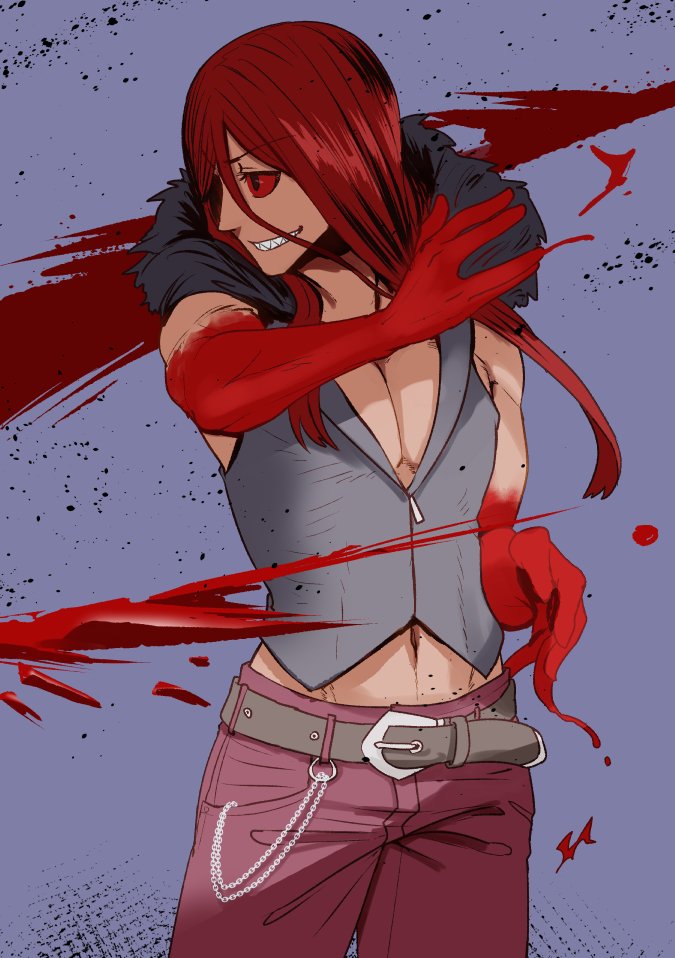 :d belt black_eyes blood blood_splatter bloody_hands blue_background carmine chain commentary cowboy_shot eyebrows_visible_through_hair fur_trim grey_jacket grin jacket looking_away looking_to_the_side male_focus muscle navel no_shirt open_mouth pants pink_pants red_hair red_sclera sharp_teeth smile solo standing sumiyao_(amam) teeth translated under_night_in-birth v-shaped_eyebrows