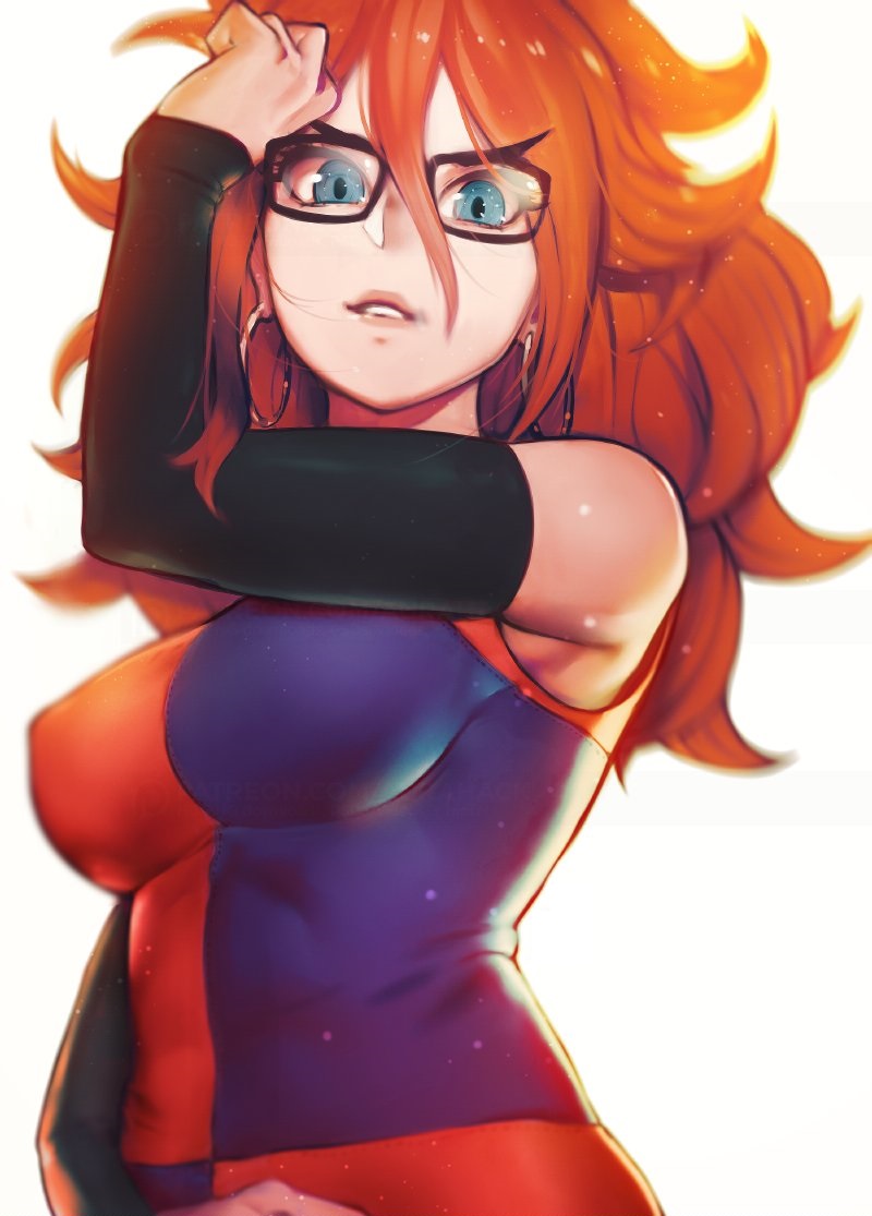 1girl android_21 arm_warmers big_hair black-framed_eyewear breasts curly_hair detached_sleeves dragon_ball dragon_ball_fighterz earrings erica_june_lahaie female hoop_earrings jewelry long_hair looking_at_viewer medium_breasts multicolored_clothes multicolored_dress simple_background smile solo white_background
