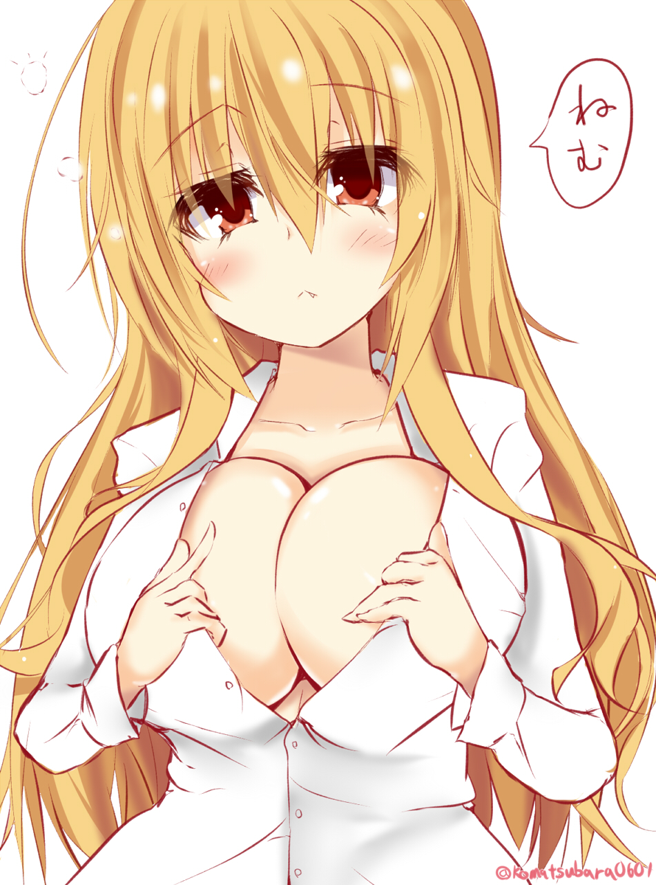 blonde_hair blush breasts cleavage dracu-riot! ero-god highres large_breasts long_hair long_sleeves looking_at_viewer nicola_cepheus red_eyes solo translation_request
