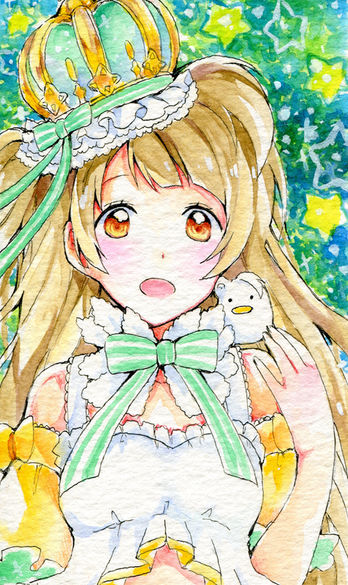 :o animal animal_on_shoulder bangs blush brown_eyes brown_hair colorful crown detached_collar dress green_ribbon long_hair looking_at_viewer love_live! love_live!_school_idol_project minami_kotori parted_lips peachpii red_ribbon ribbon solo star traditional_media upper_body white_dress