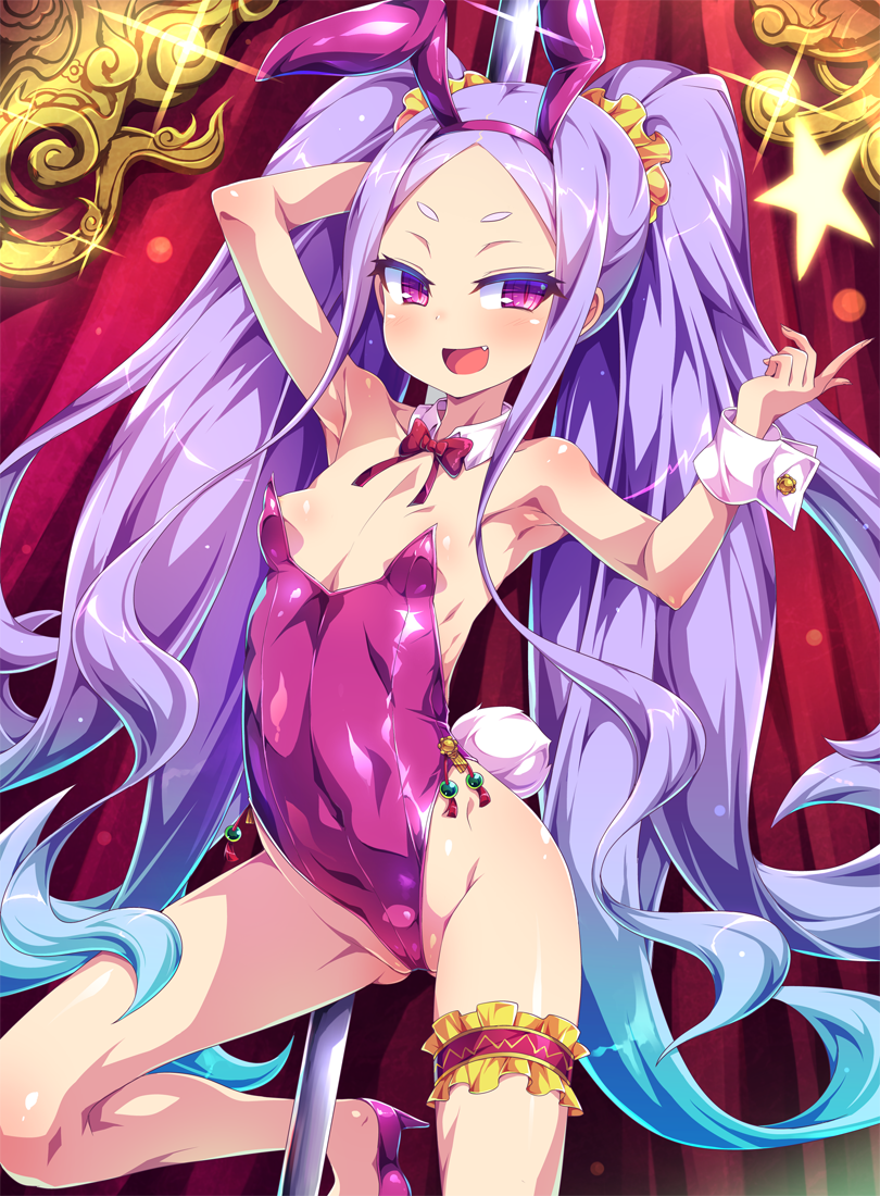 animal_ears arm_up armpits ass_visible_through_thighs bare_shoulders blush bow breasts bunny_ears bunny_tail bunnysuit cameltoe commentary_request covered_navel curtains detached_collar fake_animal_ears fang fate/grand_order fate_(series) forehead hair_ornament hair_scrunchie hairband high_heels highleg highleg_leotard lavender_hair leotard long_hair looking_at_viewer open_mouth pole pole_dancing purple_eyes purple_hairband purple_leotard scrunchie shiny shiny_clothes shiny_hair shiny_skin small_breasts smile solo stripper_pole tail thigh_strap toraishi_666 twintails very_long_hair wrist_cuffs wu_zetian_(fate/grand_order) yellow_scrunchie