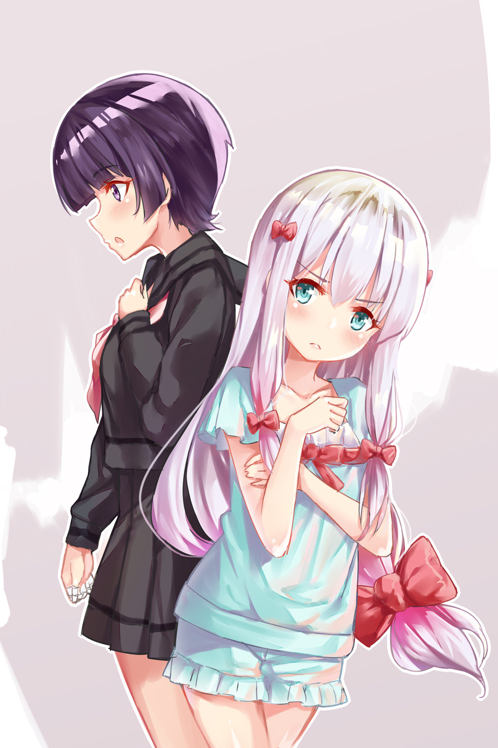 black_serafuku black_shirt black_skirt blue_eyes blue_shirt blue_shorts bow collarbone cowboy_shot eromanga_sensei eyebrows_visible_through_hair frilled_shorts frills grey_background hair_bow highres izumi_sagiri long_hair looking_at_viewer low-tied_long_hair miniskirt multiple_girls neckerchief open_mouth pink_neckwear pleated_skirt purple_eyes purple_hair red_bow school_uniform senju_muramasa serafuku shirt short_hair short_shorts short_sleeves shorts silver_hair sketch skirt standing ttnap very_long_hair