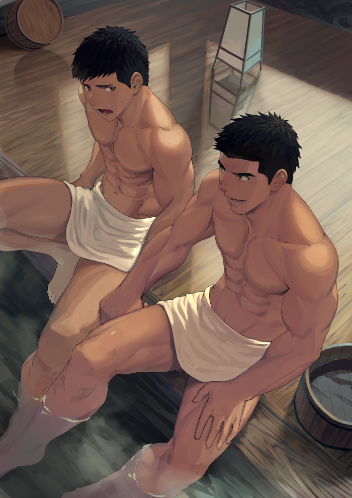 abs basin black_hair brown_eyes collarbone dainyuu_(dgls) dutch_angle from_above hand_on_own_thigh holding_hands looking_at_another male_focus multiple_boys muscle naked_towel navel onsen original pectorals smile sweatdrop towel washbowl