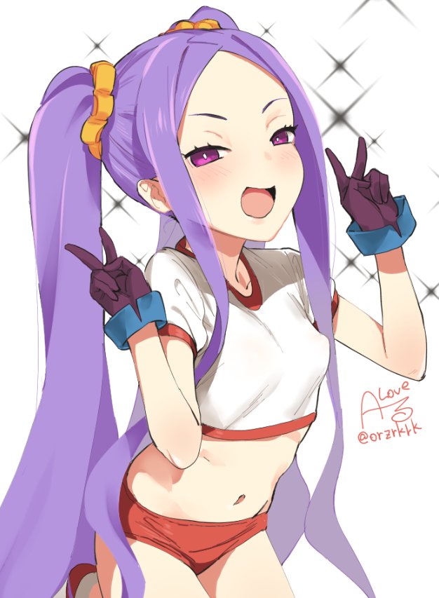 :d artist_name breasts buruma cowboy_shot crop_top double_v fate/grand_order fate_(series) gloves gym_uniform hair_ornament half-closed_eyes long_hair looking_at_viewer midriff navel open_mouth purple_eyes purple_hair red_buruma rkrk shirt short_sleeves sidelocks simple_background small_breasts smile solo sparkle t-shirt twintails twitter_username v very_long_hair white_background wu_zetian_(fate/grand_order)