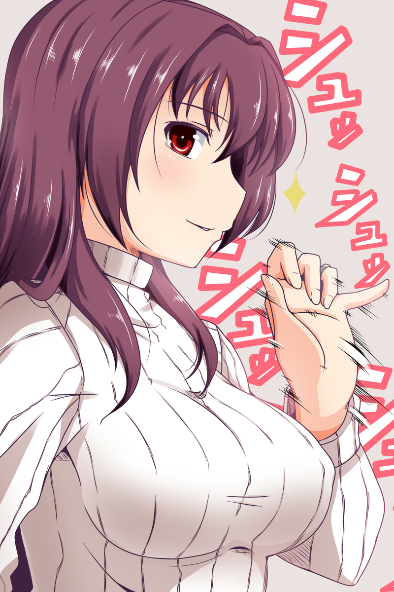 blush breasts commentary_request fate/grand_order fate_(series) fellatio_gesture from_side highres large_breasts long_hair long_sleeves looking_at_viewer looking_to_the_side nishi_koutarou profile purple_hair red_eyes ribbed_sweater scathach_(fate)_(all) scathach_(fate/grand_order) smile solo sweater upper_body