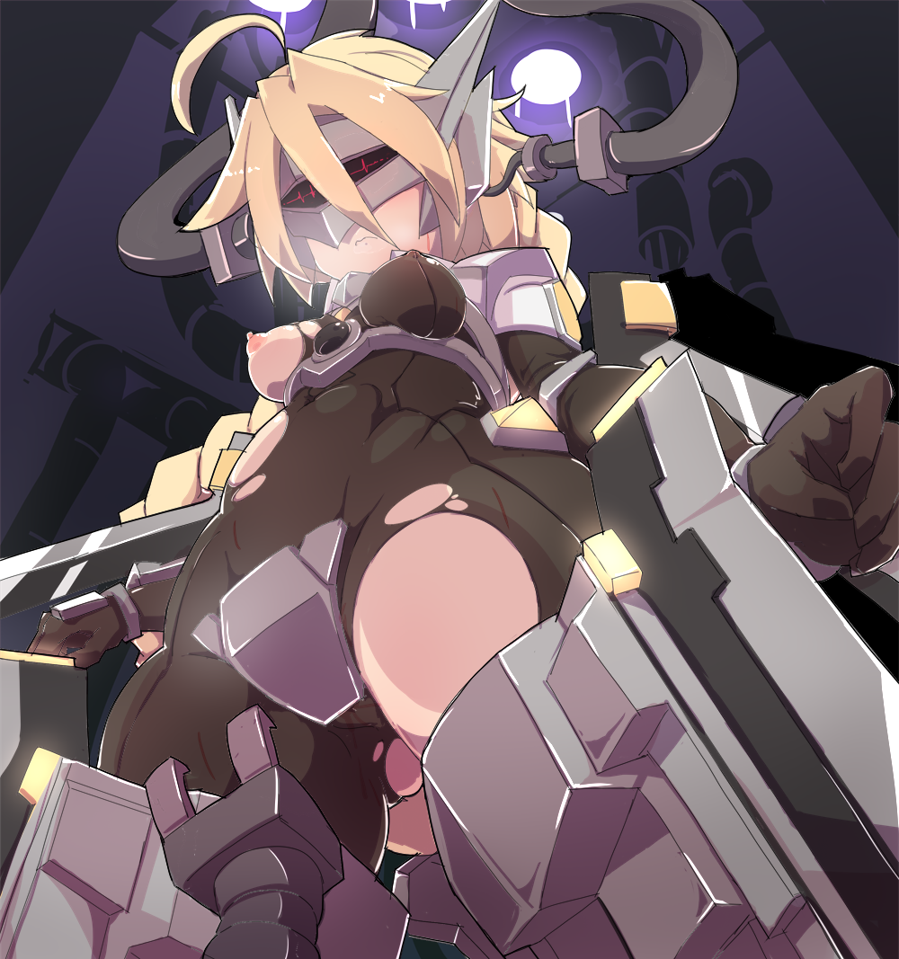 1girl ahoge blazblue blonde_hair bodysuit braid breasts infraton lambda-11 mecha_musume red_eyes single_braid solo thighhighs torn_clothes very_long_hair