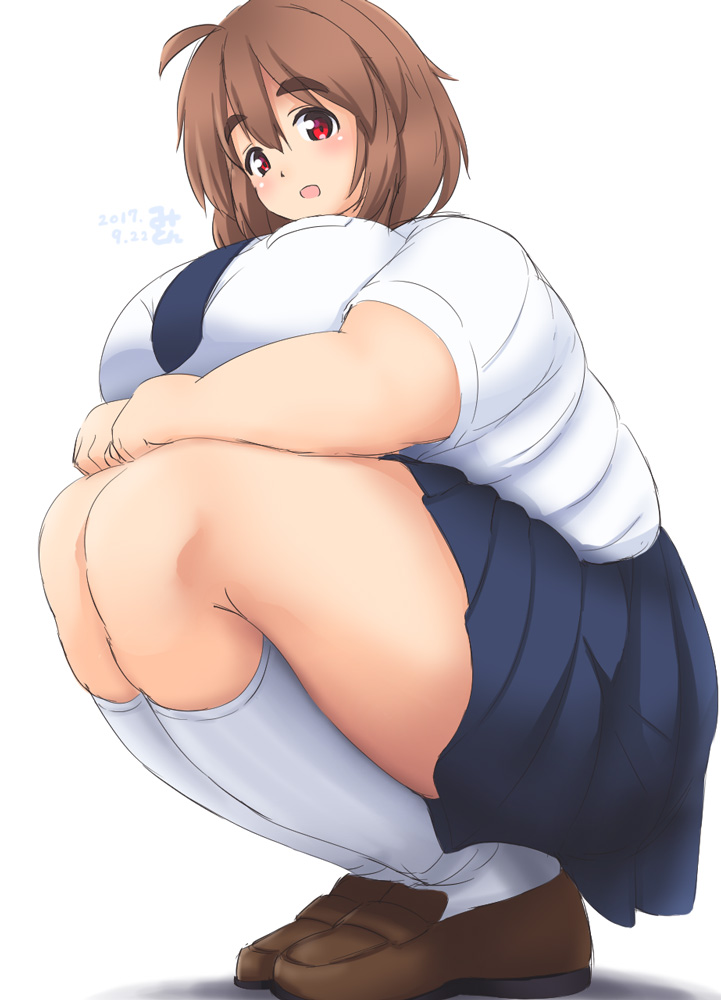 1girl breasts brown_hair eno_konoe fat full_body huge_breasts looking_at_viewer mikomu open_mouth original red_eyes skirt smile solo squatting thick_eyebrows thick_thighs