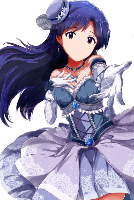 blue_hair blue_hat breasts brown_eyes cowboy_shot detached_sleeves dress floating_hair gloves grey_dress grey_gloves hat idolmaster idolmaster_(classic) idolmaster_one_for_all jewelry kisaragi_chihaya long_hair looking_at_viewer mini_hat necklace outstretched_arm ryuusei_(ryuse1116) simple_background sleeveless sleeveless_dress small_breasts smile solo sparkle standing strapless strapless_dress very_long_hair white_background