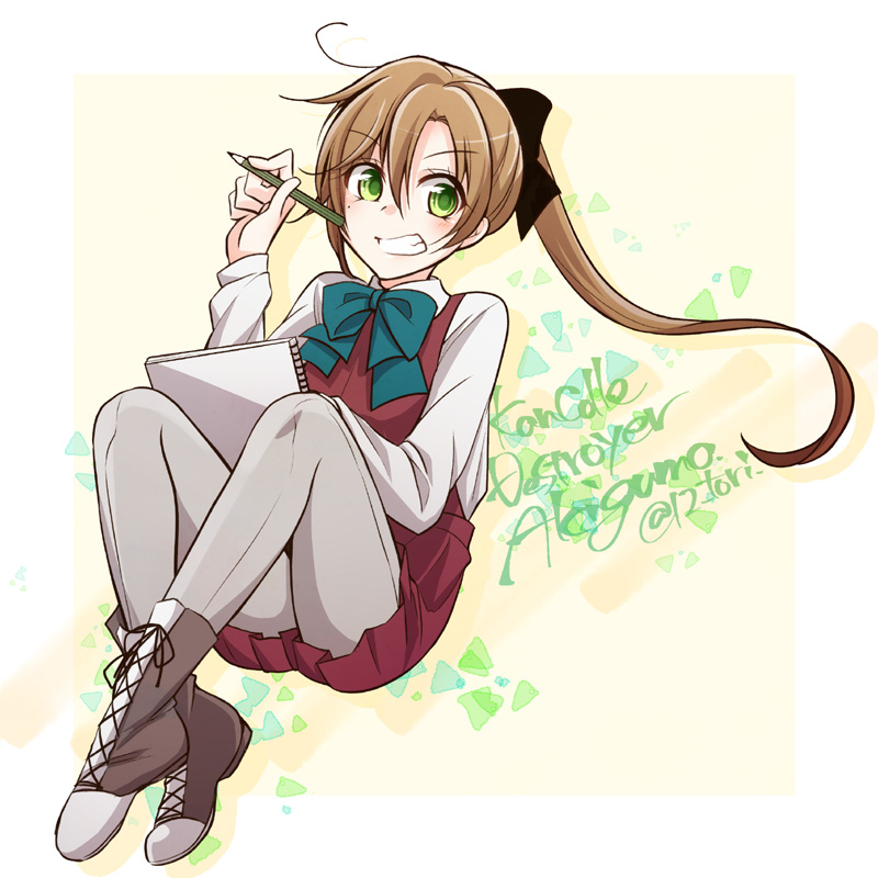 akigumo_(kantai_collection) black_ribbon boots brown_hair character_name cross-laced_footwear full_body green_eyes grey_legwear grin hair_ribbon kantai_collection lace-up_boots long_hair looking_at_viewer pantyhose pencil ponytail ribbon school_uniform sitting sketchbook smile solo toriu twitter_username