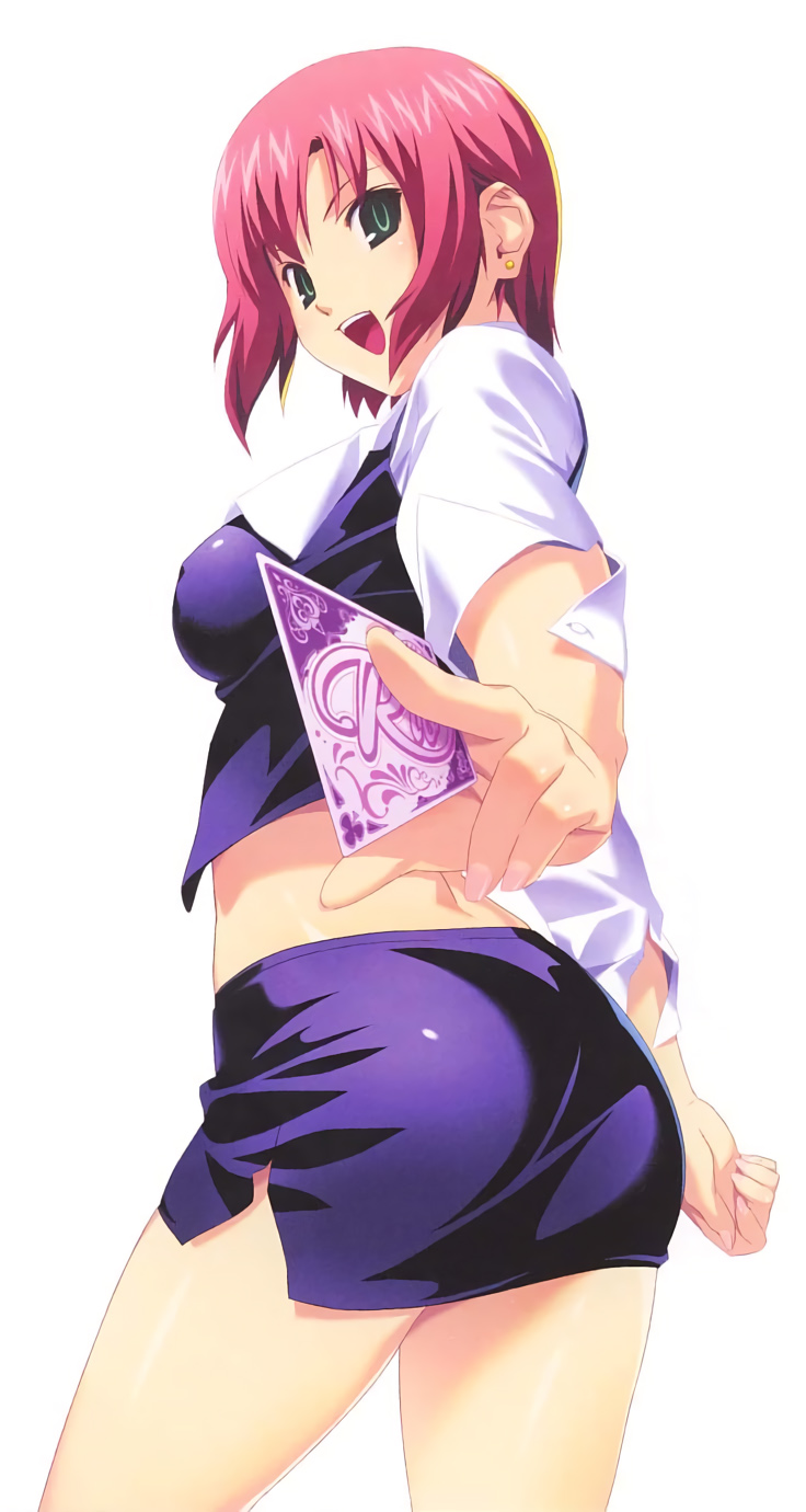 card cowboy_shot earrings green_eyes highres holding holding_card jewelry koutaro looking_at_viewer midriff official_art open_mouth outstretched_arm pencil_skirt pink_hair rio_rollins short_hair short_sleeves side_slit simple_background skirt solo super_blackjack white_background