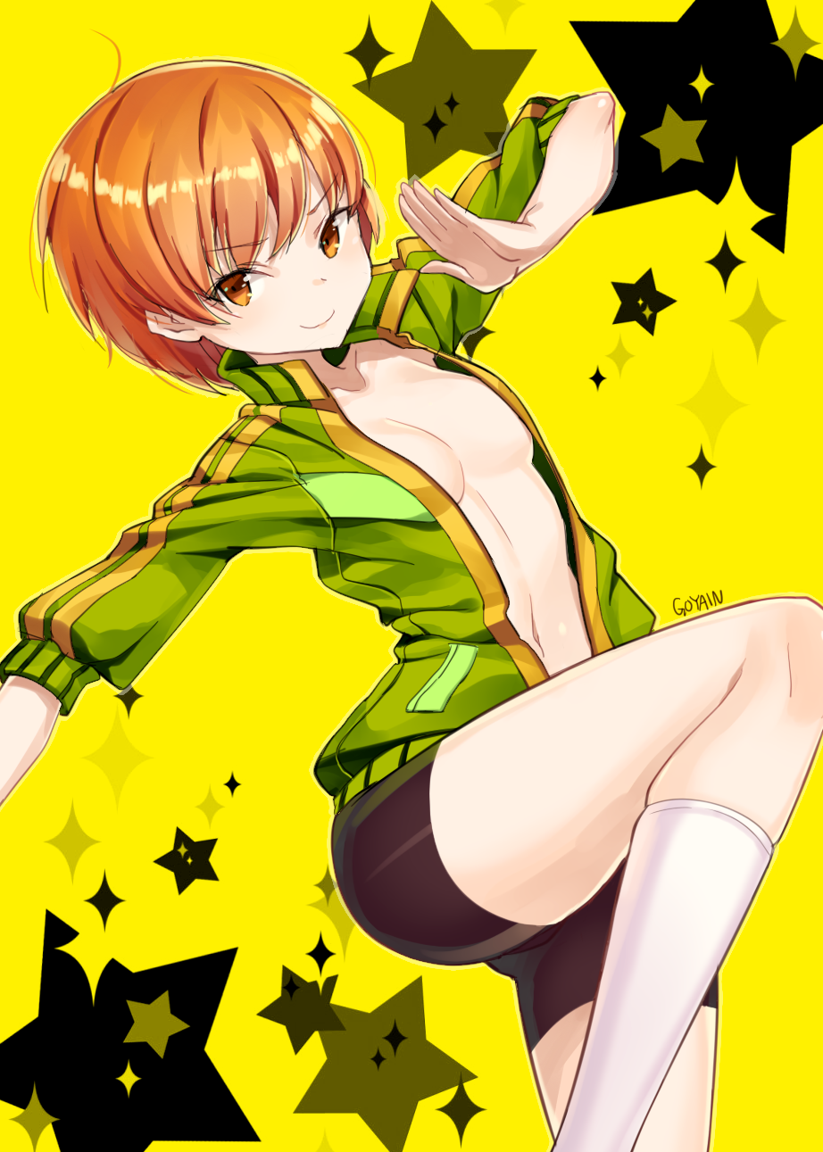 &gt;:) ahoge bad_id bad_pixiv_id bangs bike_shorts black_shorts breasts breasts_apart center_opening closed_mouth collarbone double_vertical_stripe dutch_angle eyebrows_visible_through_hair fighting_stance from_side furrowed_eyebrows goyain green_jacket high_collar highres jacket kneehighs leg_lift leg_up light_smile long_sleeves looking_at_viewer medium_breasts navel no_bra open_clothes open_jacket orange_eyes orange_hair outline outstretched_arm persona persona_4 pocket satonaka_chie shiny shiny_hair short_hair shorts signature smile solo sparkle standing standing_on_one_leg star starry_background track_jacket v-shaped_eyebrows white_legwear yellow_background