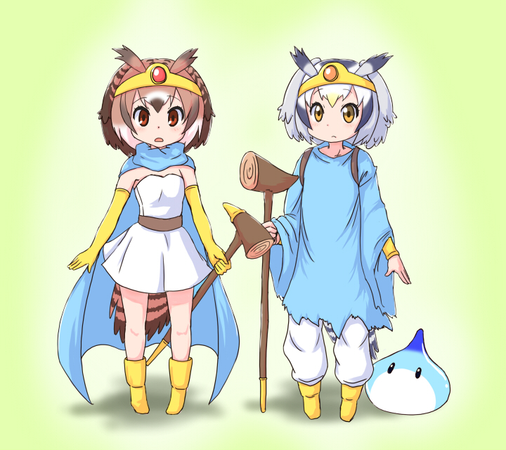 alternate_costume boots brown_eyes brown_hair cape circlet commentary_request cosplay dragon_quest dragon_quest_iii dress elbow_gloves eurasian_eagle_owl_(kemono_friends) eyebrows_visible_through_hair gloves hair_between_eyes head_wings kemono_friends looking_at_viewer lucky_beast_(kemono_friends) multicolored_hair multiple_girls northern_white-faced_owl_(kemono_friends) pxton sage_(dq3) sage_(dq3)_(cosplay) short_hair slime slime_(dragon_quest) staff tail white_hair