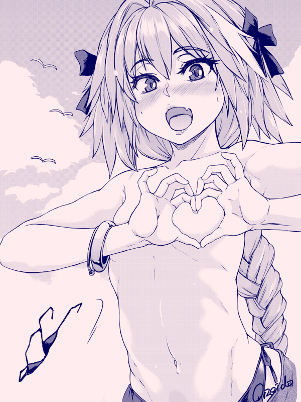 :d arms_up astolfo_(fate) bangle bikini bikini_top_removed bird bow bracelet braid cloud collarbone eyebrows_visible_through_hair fangs fate/apocrypha fate/grand_order fate_(series) hair_bow hair_intakes heart heart-shaped_boob_challenge heart_hands jewelry lips long_hair looking_at_viewer male_focus monochrome multicolored_hair navel open_mouth outdoors ozawa_reido pink shirtless side-tie_bikini signature single_braid sky smile solo stomach streaked_hair swimsuit upper_body very_long_hair wardrobe_malfunction