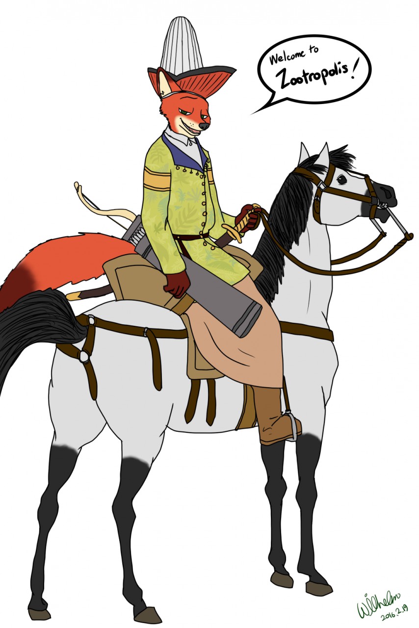 2016 anthro bow_(weapon) byzantine canine clothed clothing dialogue disney english_text equine feral fox full-length_portrait green_eyes hat horse looking_at_viewer male mammal medieval melee_weapon nick_wilde ohs688 open_mouth open_smile portrait ranged_weapon riding saddle side_view simple_background smile solo speech_bubble sword text tunic weapon white_background zootopia