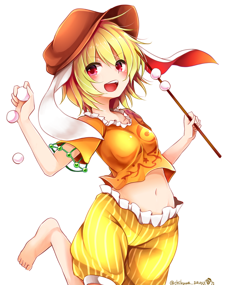 1girl animal_ears artist_name bangs blonde_hair breasts brown_hat bunny_ears chikuwa_savi collarbone commentary_request crop_top dango eyebrows_visible_through_hair flat_cap food frills groin hair_between_eyes hands_up hat holding holding_food leg_up looking_at_viewer midriff navel open_mouth orange_shirt red_eyes ringo_(touhou) shirt short_hair short_sleeves shorts simple_background small_breasts smile solo star star_print stomach striped touhou twitter_username vertical-striped_shorts vertical_stripes wagashi white_background yellow_shorts