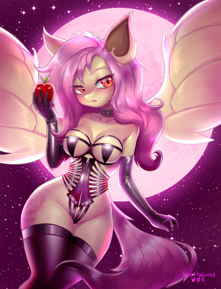 2017 anthro anthrofied apple armwear bat_pony biped black_armwear black_clothing black_gloves black_legwear black_stockings black_topwear breasts clothed clothing collar corset cutie_mark digital_media_(artwork) elbow_gloves equine eyebrows eyelashes fangs female flutterbat_(mlp) fluttershy_(mlp) flying food friendship_is_magic front_view fruit full_moon fur gloves hair holding_food holding_object hybrid legwear lingerie long_hair mammal membranous_wings moon my_little_pony pink_eyebrows pink_hair pink_tail portrait red_eyes rubber signature sky solo star starry_sky stockings tawni_tailwind thigh_highs three-quarter_portrait wings yellow_fur yellow_wings