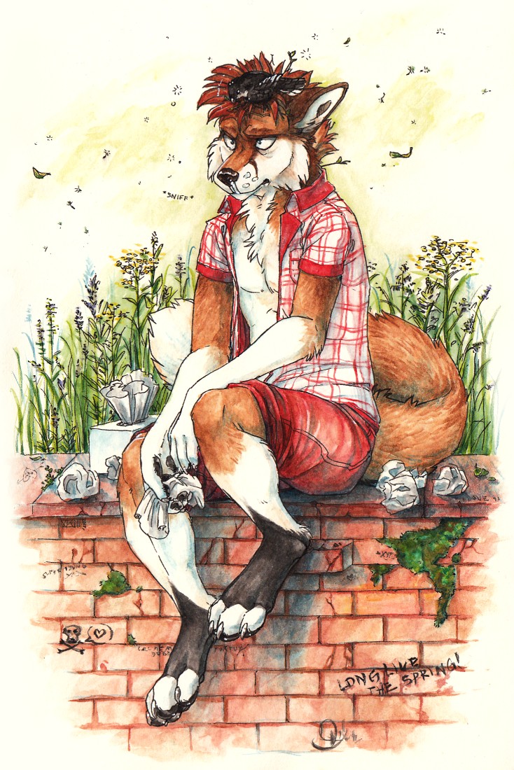 2017 ambiguous_gender anthro avian barefoot bird black_nose brown_fur canine day digitigrade duo feral fox fuckie fur grass male mammal nesting outside red_fox traditional_media_(artwork) white_fur
