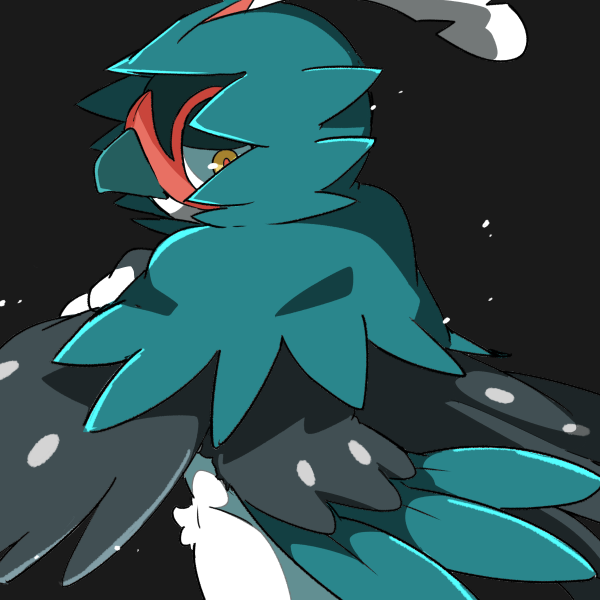 2017 ambiguous_gender anthro avian beak biped black_background crotch_tuft decidueye digital_drawing_(artwork) digital_media_(artwork) eye_markings feathered_wings feathers green_beak green_feathers green_tail grey_feathers half-closed_eyes half-length_portrait icon japanese kemono looking_back markings mask_(marking) multicolored_feathers nintendo nude orange_eyes orange_markings pok&eacute;mon pok&eacute;mon_(species) portrait pseudo_clothing rear_view sa_ba_can shiny_pok&eacute;mon simple_background solo spots spotted_feathers standing tail_feathers two_tone_eyes video_games white_feathers white_spots winged_arms wings yellow_eyes