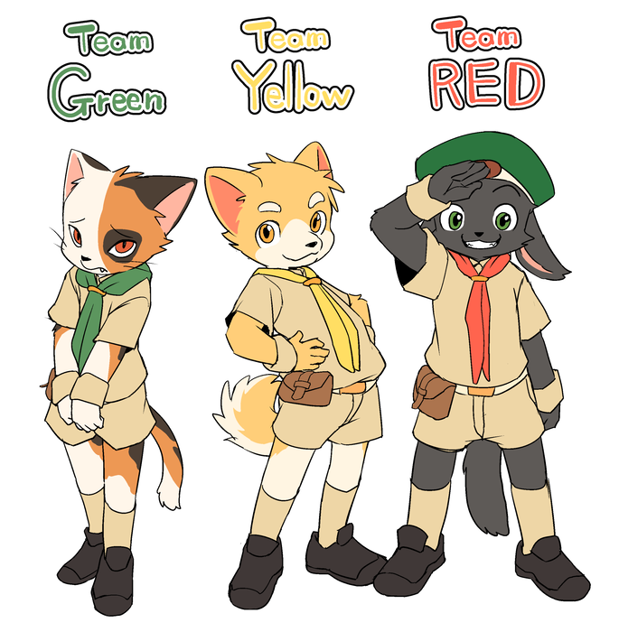 anthro boy_scout calico_cat canine cat clothing cub dog feline kemono looking_at_viewer mammal manmosu_marimo scouts shiba_inu shy simple_background smile toony uniform white_background young