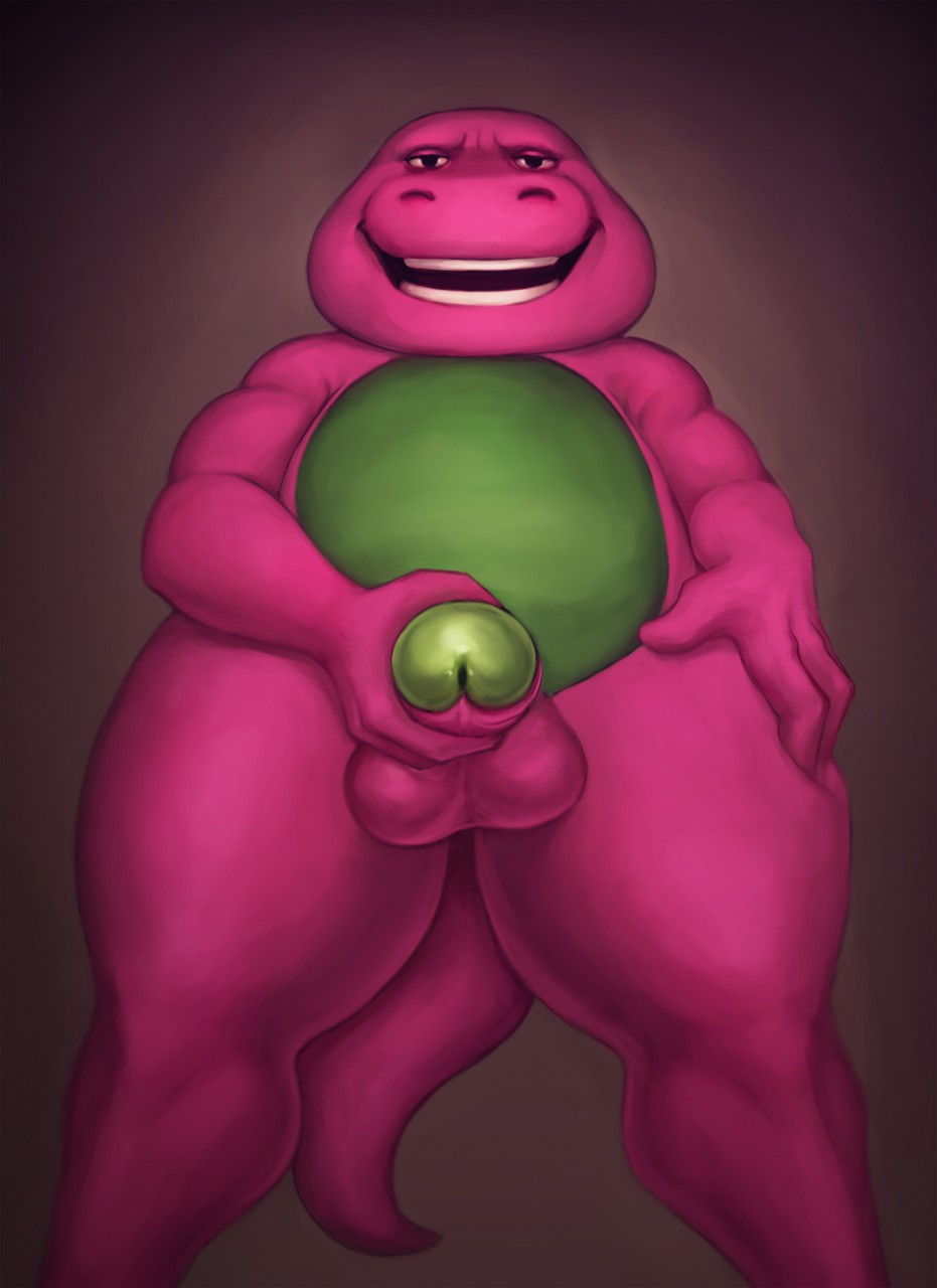 2017 anthro balls barney barney_and_friends biped dagapuff digital_media_(artwork) dinosaur glans humanoid_penis looking_at_viewer low-angle_view male nude open_mouth penis pink_balls purple_scales purple_skin scales scalie simple_background slightly_chubby smile solo standing theropod thick_thighs tyrannosaurus_rex