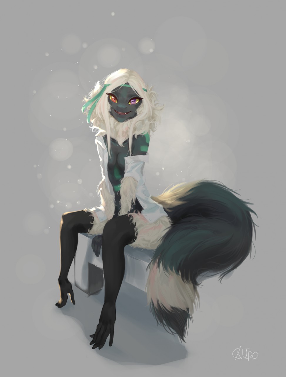 2017 anthro ariiah breasts cleavage clothed clothing digital_media_(artwork) eyelashes female fur hair heterochromia hi_res lemur looking_at_viewer mammal multicolored_fur open_mouth prehensile_feet primate simple_background smile solo white_fur white_hair xupo