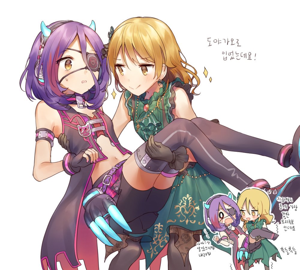 :&gt; :d blonde_hair blush boots brown_eyes carrying commentary_request demon_horns dress earrings eyepatch fingerless_gloves gloves green_dress hair_ornament hayasaka_mirei headphones horns idolmaster idolmaster_cinderella_girls idolmaster_cinderella_girls_starlight_stage jewelry korean long_hair midriff misha_(hoongju) morikubo_nono multicolored_hair multiple_girls navel necklace open_mouth pantyhose princess_carry purple_hair short_hair sleeveless sleeveless_dress smile sweatdrop thigh_boots thighhighs translation_request trembling wavy_mouth yuri