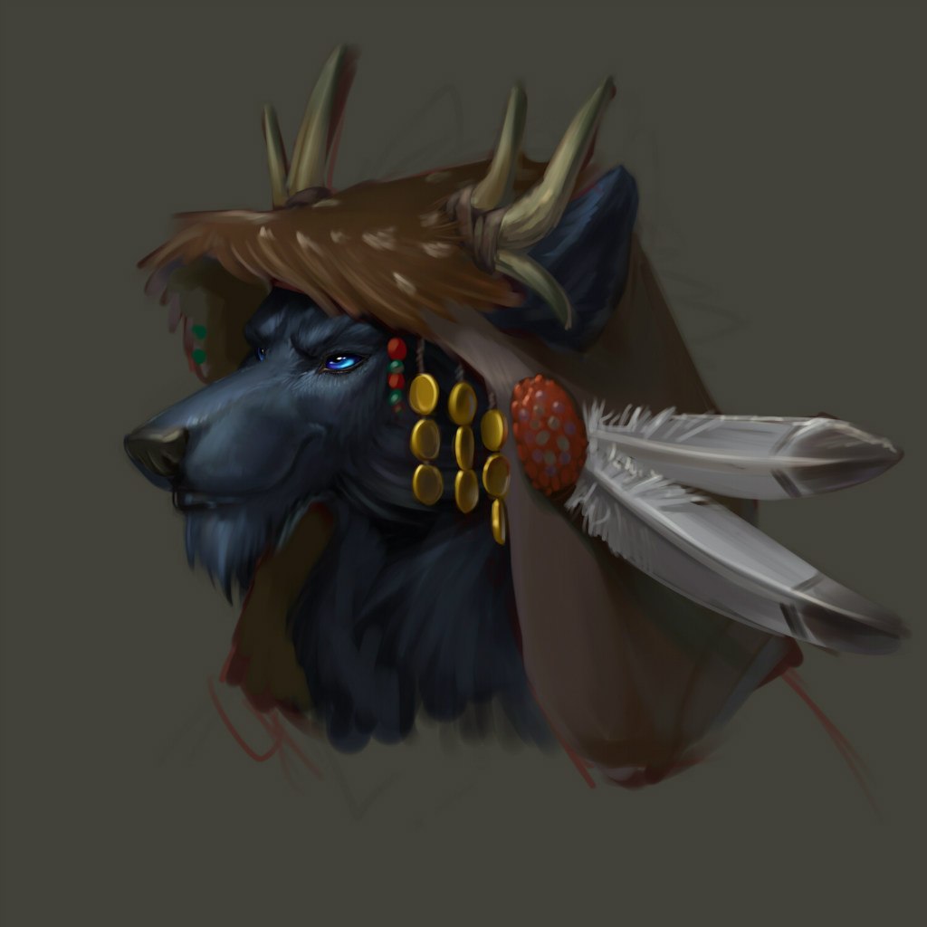 anthro black_fur blue_eyes bust_portrait canine feathed fur hood horn kahito_slydeft_(artist) magic_user male mammal portrait shaman smale solo tribal_spellcaster wolf