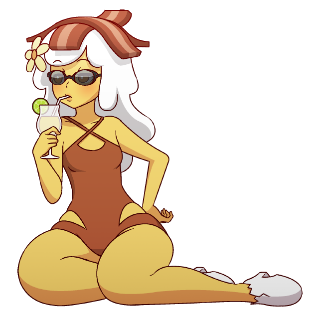 1girl adventure_time bacon breakfast_princess breasts brown_eyes brown_swimsuit drinking drinking_straw flower food full_body hair_flower hair_ornament hand_on_hip lime_slice mike_inel sitting small_breasts solo sunglasses swimsuit white_hair yellow_skin yokozuwari