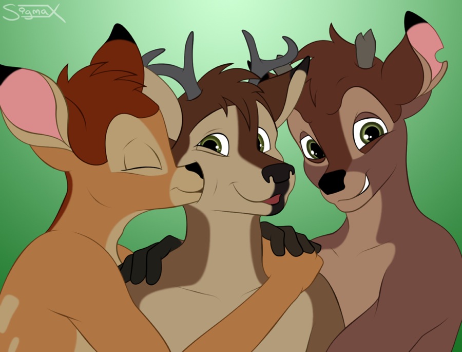 2011 5_fingers anthro antlers bambi bambi_(film) better_version_at_source black_nose brown_eyes brown_fur brown_hair cervine deer digital_media_(artwork) disney fur group hair happy horn kissing looking_at_viewer male male/male mammal ronno sigma_(character) sigma_x smile toony