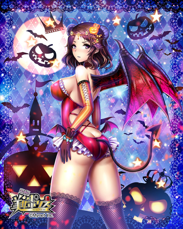 1girl argyle argyle_background bare_shoulders bat blush breasts butt_crack company_name copyright_name crown demon_girl demon_horns demon_tail demon_wings eagle_db fishnet_thighhighs fishnets frills full_moon halloween handcuffs horns jack-o'-lantern jack-o'-lantern_hair_ornament lace-trimmed_legwear leotard looking_at_viewer looking_back medium_breasts moon no_bra official_art parted_lips petals pumpkin_hair_ornament separated_legs short_hair solo standing star tagme tail