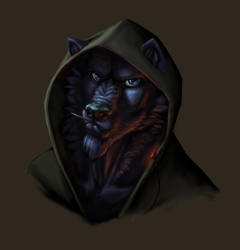 anthro black_fur blue_eyes bust_portrait canine fur hood kahito_slydeft_(artist) looking_at_viewer male mammal portrait solo toothpick wolf