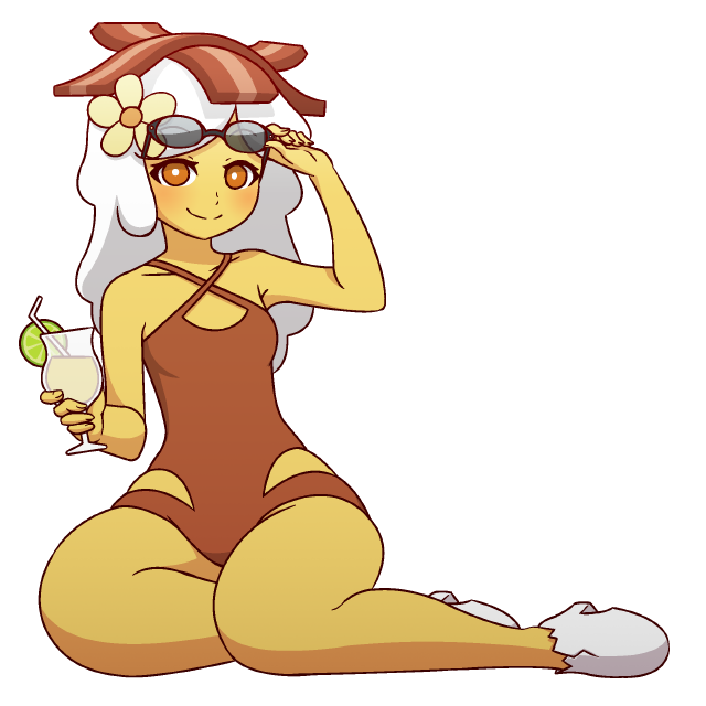 1girl adventure_time bacon breakfast_princess breasts brown_eyes brown_swimsuit cup drinking drinking_glass drinking_straw flower food full_body hair_flower hair_ornament lime_slice mike_inel sitting small_breasts smile solo sunglasses swimsuit white_hair yokozuwari