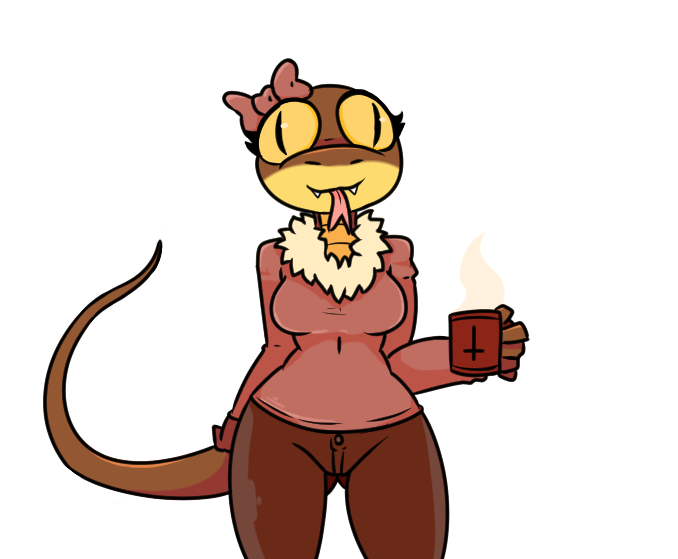 5_fingers anthro big_eyes bow breasts clothing cup dewdle female forked_tongue iguanasarecool pants reptile scalie simple_background snake solo sweater thigh_gap tongue white_background wide_hips yellow_eyes