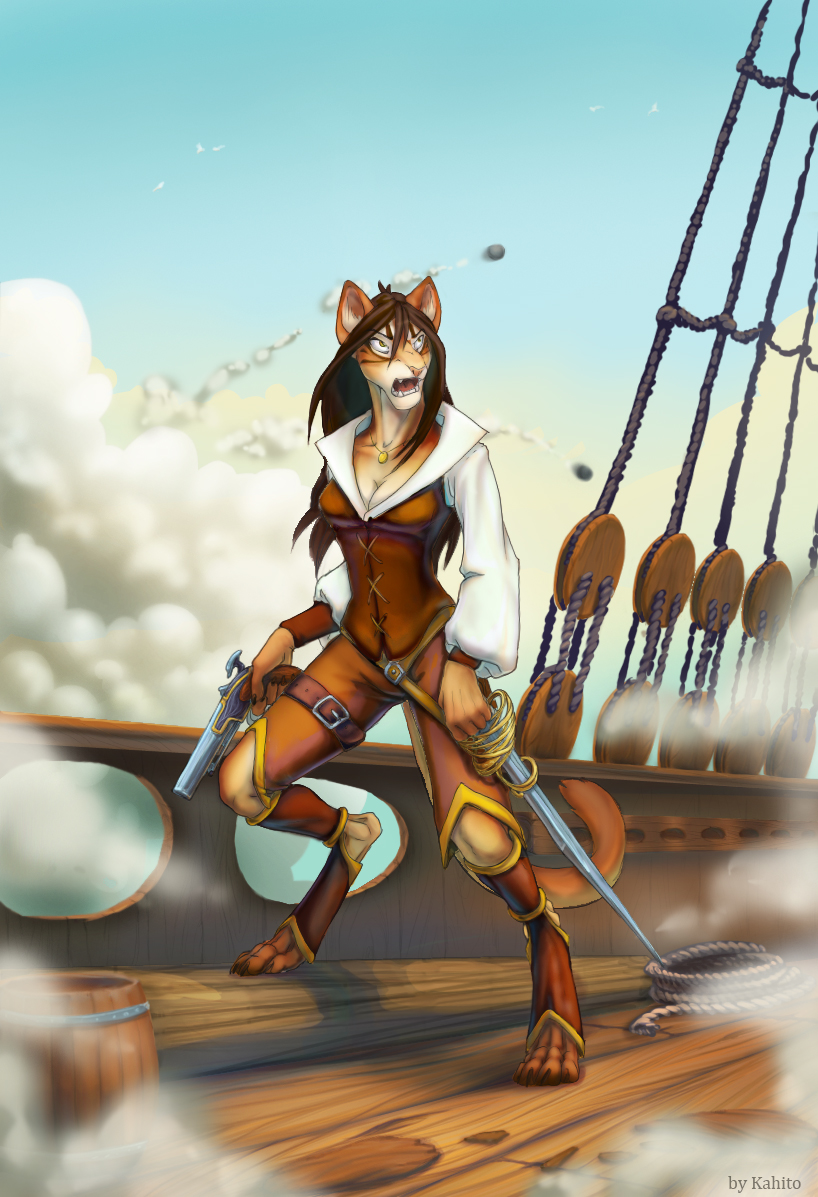 anthro belt breasts cannonball cat cleavage clothed clothing digitigrade fangs feline female gun hair handgun kahito_slydeft_(artist) long_hair mammal melee_weapon open_mouth pirate pistol ranged_weapon sailing_ship smoke solo sword weapon